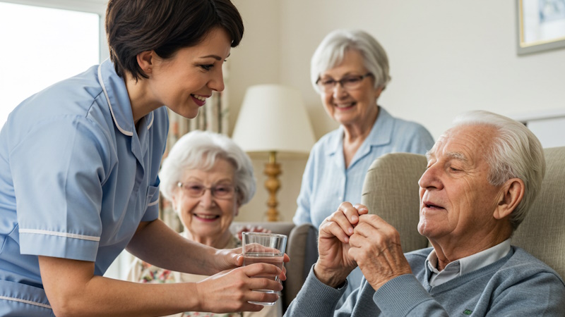 Image of a caregiver giving pills, representing medication management