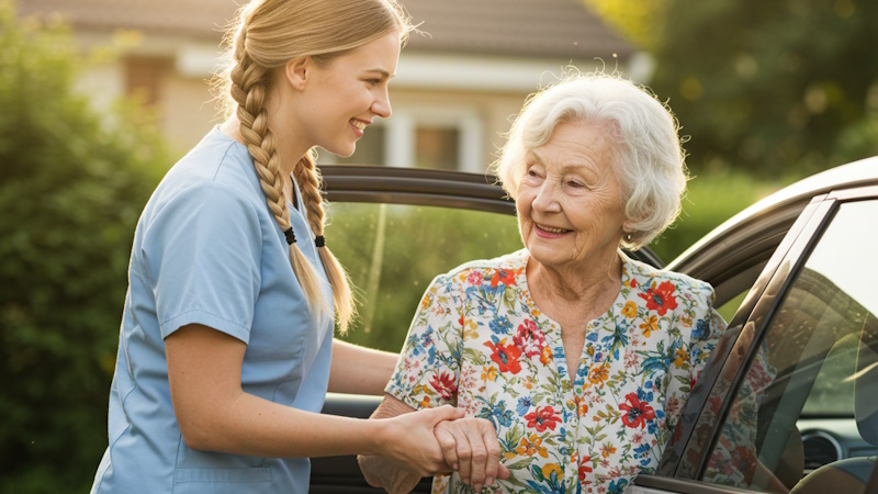 Image of a senior in a car, representing transportation services