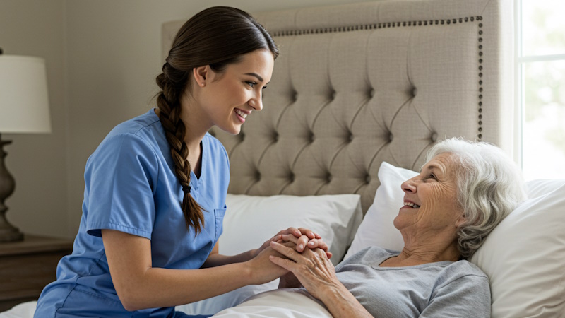 Image with a nurse by the side of an senior woman representing 24/7 personal care assistance