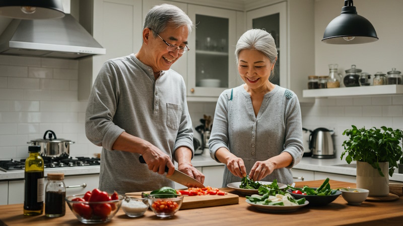 Image of 2 people cooking healthy food, representing nutritious meals