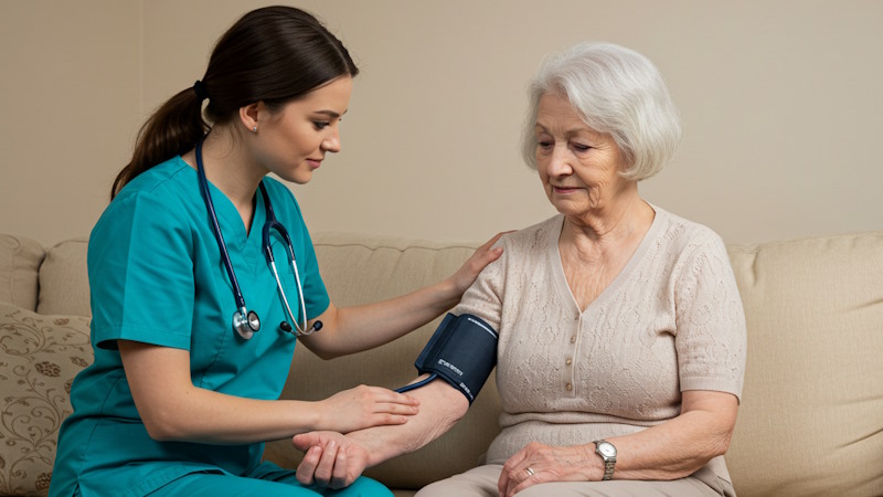 Image of a nurse taking care of an senior woman, representing health monitoring