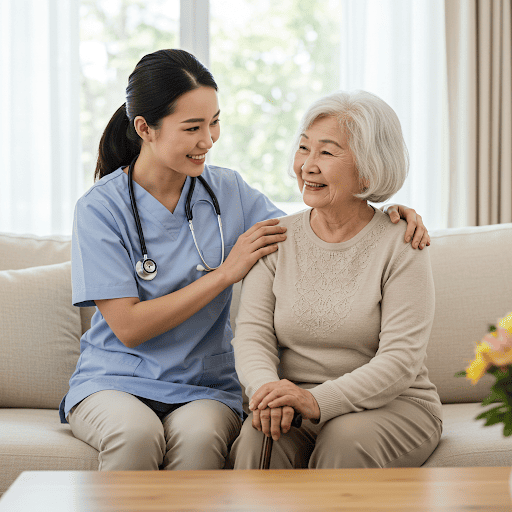 Image of a happy senior woman together with a nurse